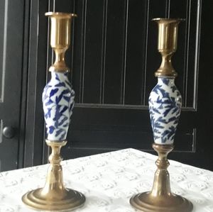 Brass and porcelain candlesticks